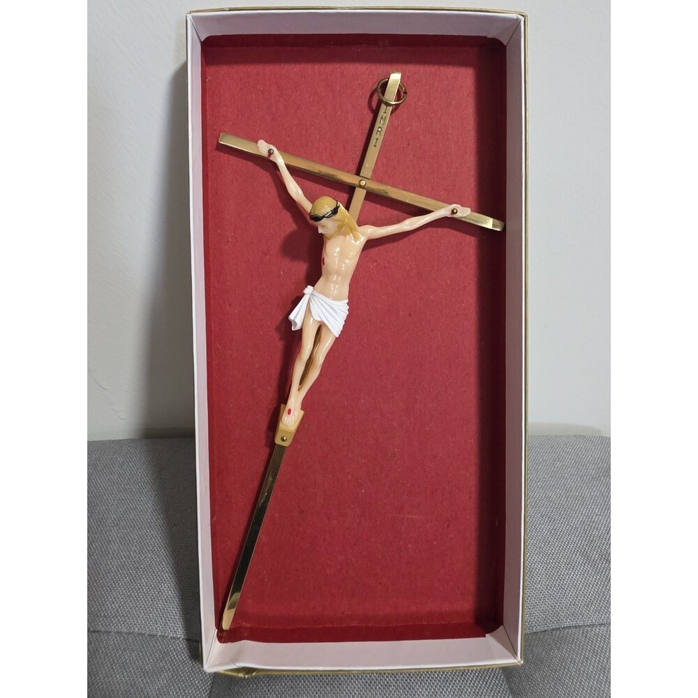 Vintage Brass Crucifix Jesus Cross INRI Wall Hanging w/Orig Box VguC